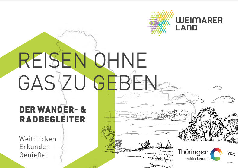 Titelbild des Flyers „Reisen ohne Gas zu geben – Wander- und Radbegleiter“ mit Naturmotiv und Logo.