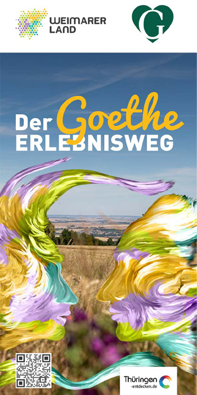 Titelblatt des Flyers zum Goethe-Erlebnisweg mit Übersichtskarte und Informationen zur Route.
