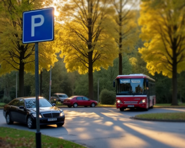Fiktives, KI-generiertes Bild eine Parklatzes mit Autos und Bus im Hintergrund