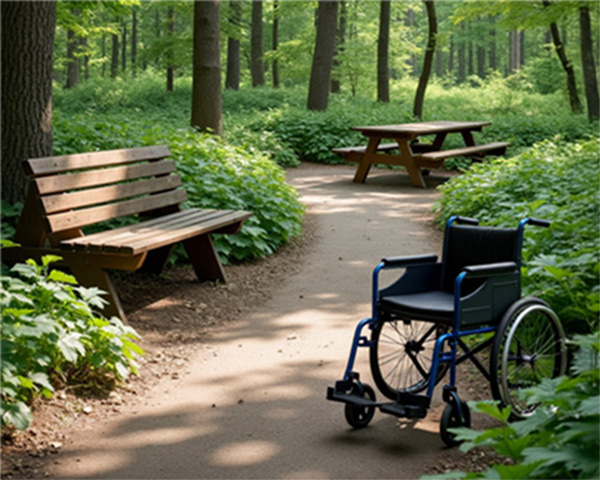 Fiktives, KI-generiertes Bild eine Rastplatzes im Wald mit Bänken und einem Rollstuhl als Symbol für Barrierefreiheit