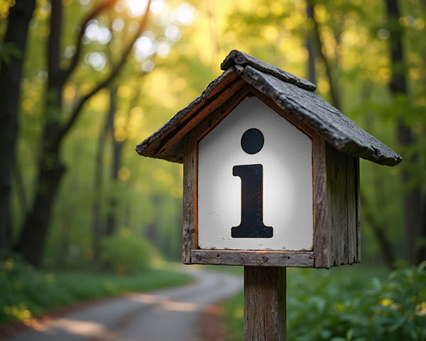 Fiktives, KI-generiertes Bild mit "I"- Symbol für Information, inmitten eines Waldes.