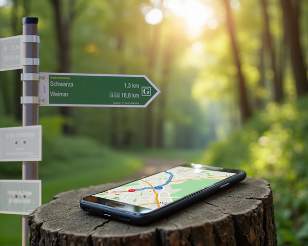 Fiktives, KI-generiertes Bild mit Smartphone Navigation-App und Wegweiser im Hintergrund, inmitten eines Waldstücks.