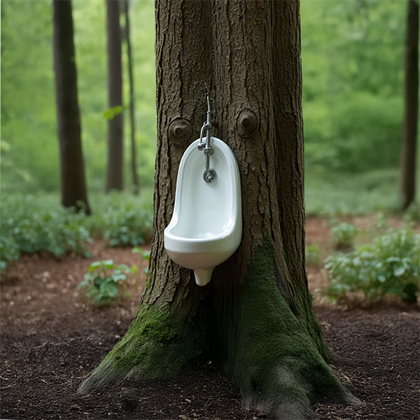KI-generiertes, fiktives Pissoir mitten im Wald.